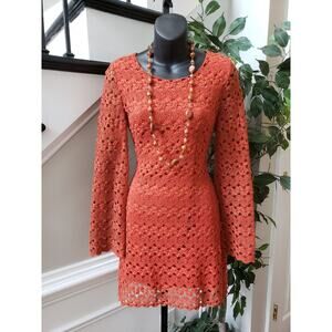 Basically Me Crochet Dress Womens Small Pink Lined Cotton Long Sleeve Round Neck